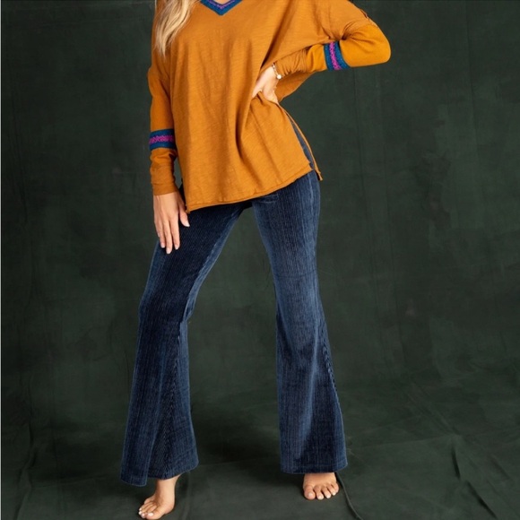 Natural Life Joplin High-Rise Velvet Flare Pants Pull On Blue Boho Fall Winter - Picture 10 of 10
